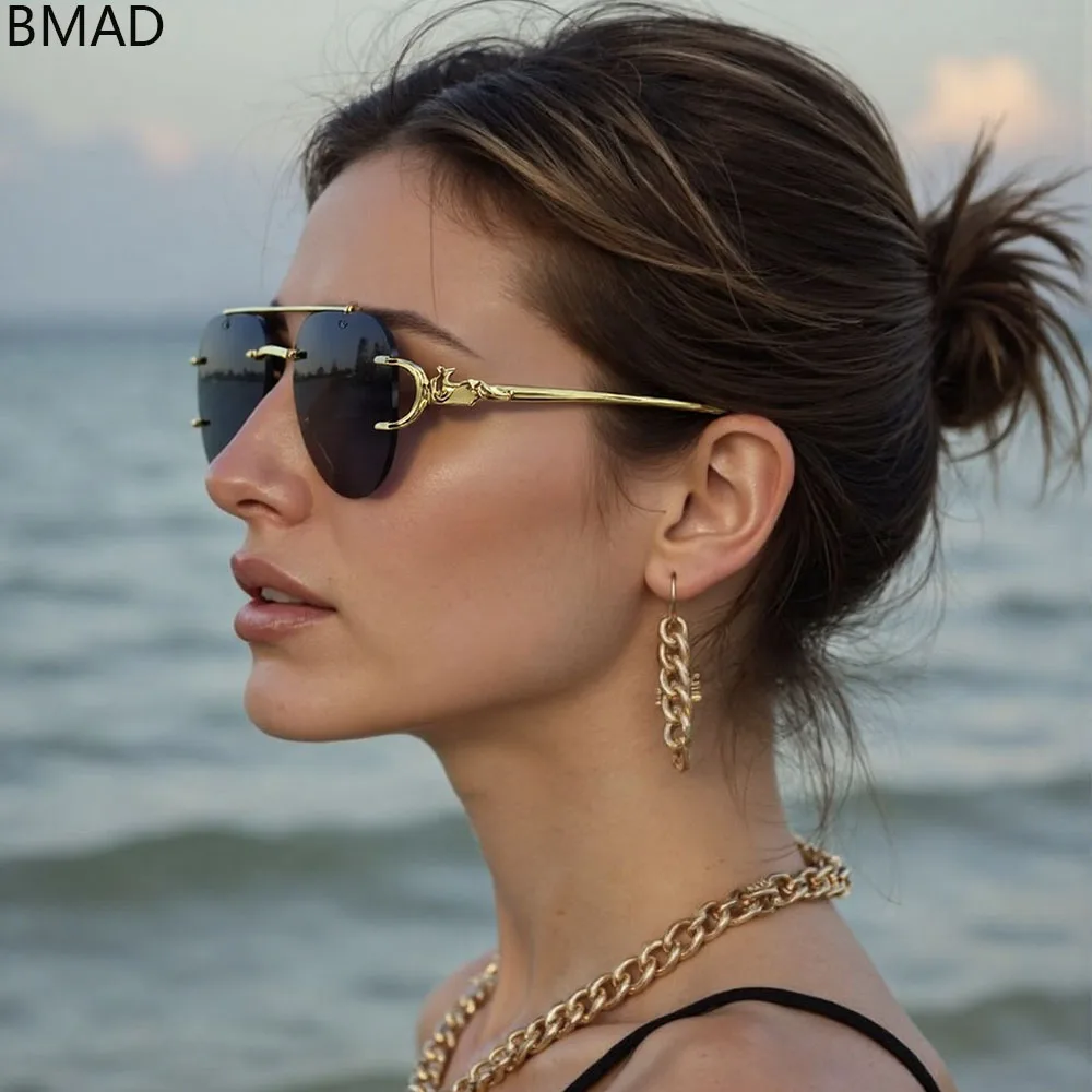 משקפי שמש חדשות בעיצוב מעוצב, משקפי שמש ללא מסגרת לנשים, משקפי חופשה וינטאג' מגמה אוקולוס חיצוניים, לנטס דרופשיפינג לונט – תמונה 2