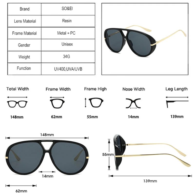 משקפי שמש גדולות עם גשר כפול בסגנון פופולרי לנשים וטייסות, בצבעי סוכריות – תמונה 10